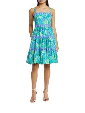 Lilly Pulitzer Casidee Tiered Cotton Dress Botanical Green In A Flutter Size 14